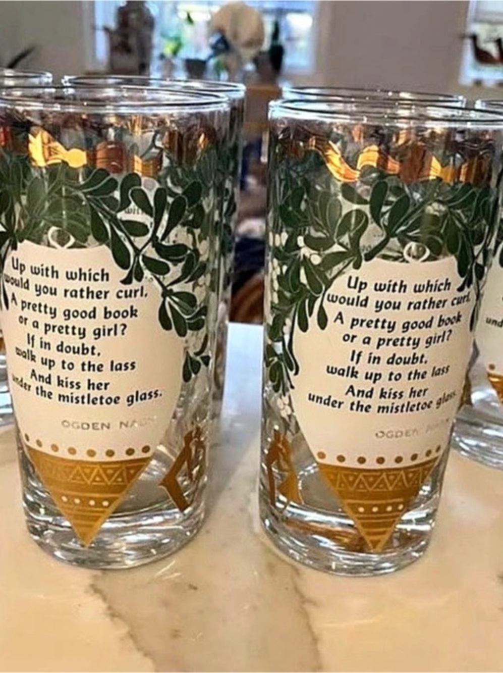 Vintage Ogden Nash Mistletoe Verse Holiday Highball Glasses Clear & Green